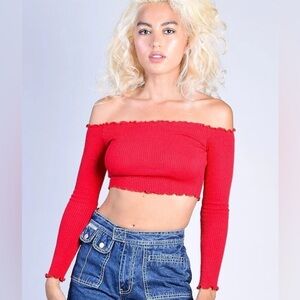 Missguided, size 4, off the shoulder long sleeve crop top. Cherry red